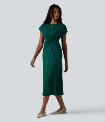 Round Neck Short Sleeve Midi Work Dress