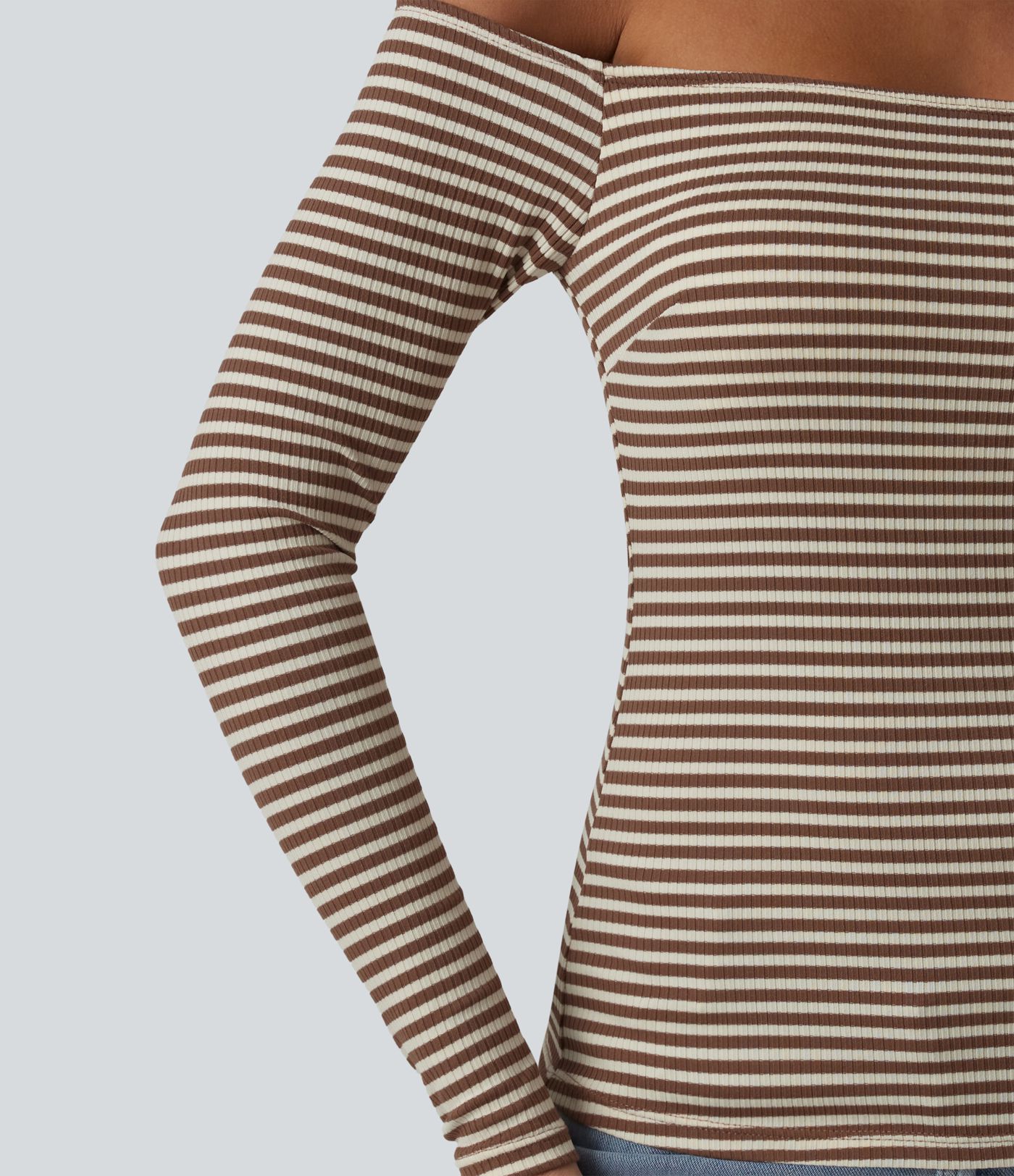 Ribbed Knit Off Shoulder Long Sleeve Built-in Bra Stripe Casual T-Shirt