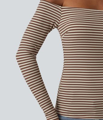 Ribbed Knit Off Shoulder Long Sleeve Built-in Bra Stripe Casual T-Shirt