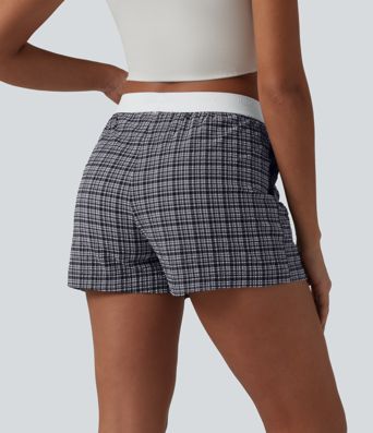 Mid Rise Color Block Plaid Crinkle Quick Dry Casual Baggy Shorts with Pockets