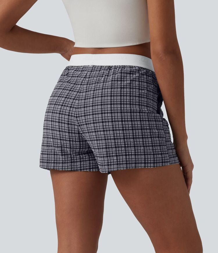 Mid Rise Color Block Plaid Crinkle Quick Dry Casual Baggy Shorts with Pockets