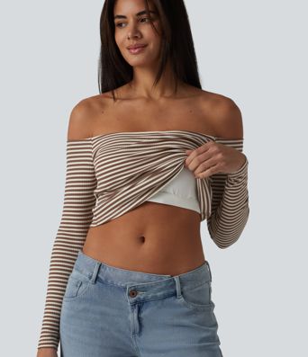 Ribbed Knit Off Shoulder Long Sleeve Built-in Bra Stripe Casual T-Shirt