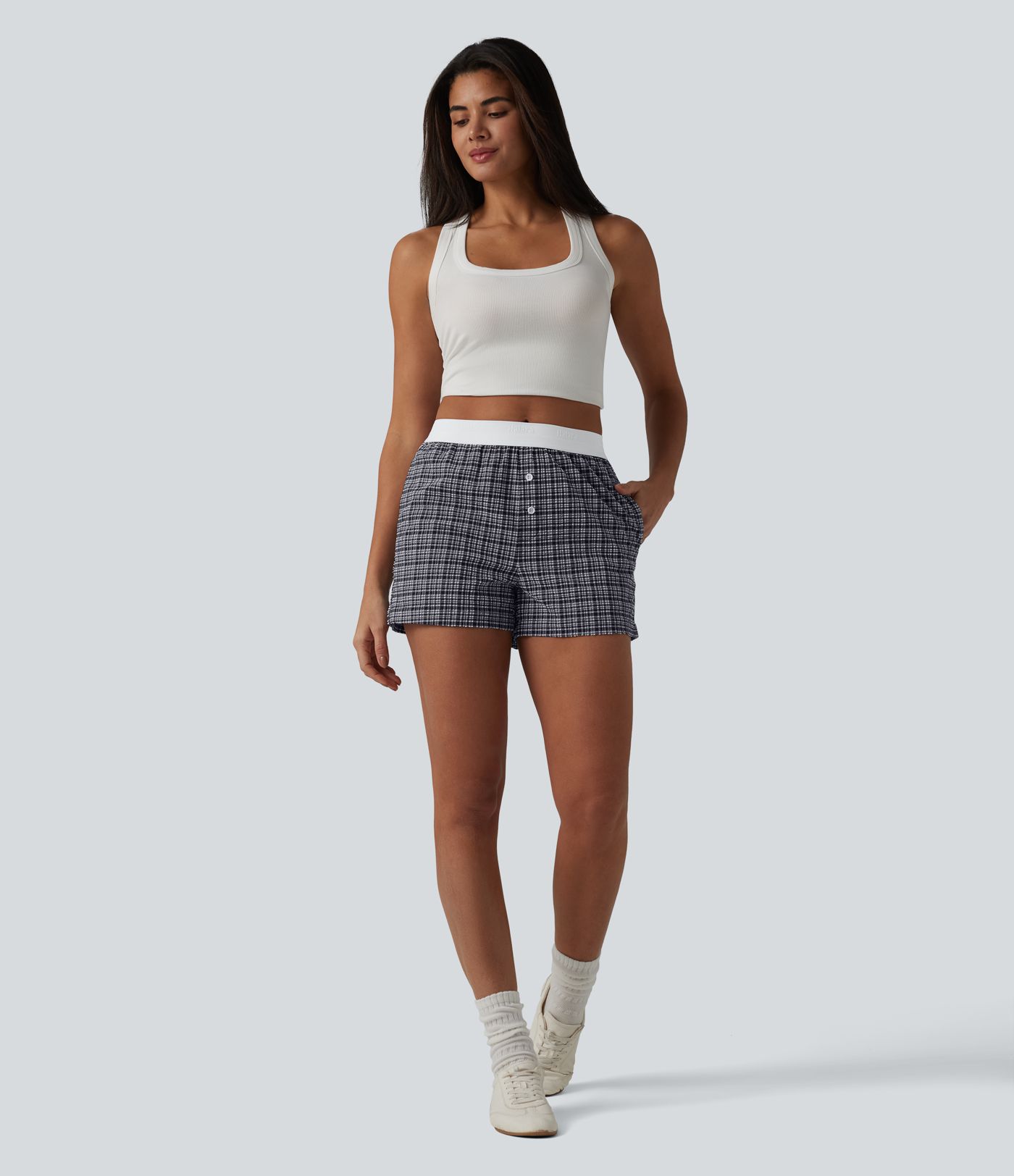 Mid Rise Color Block Plaid Crinkle Quick Dry Casual Baggy Shorts with Pockets