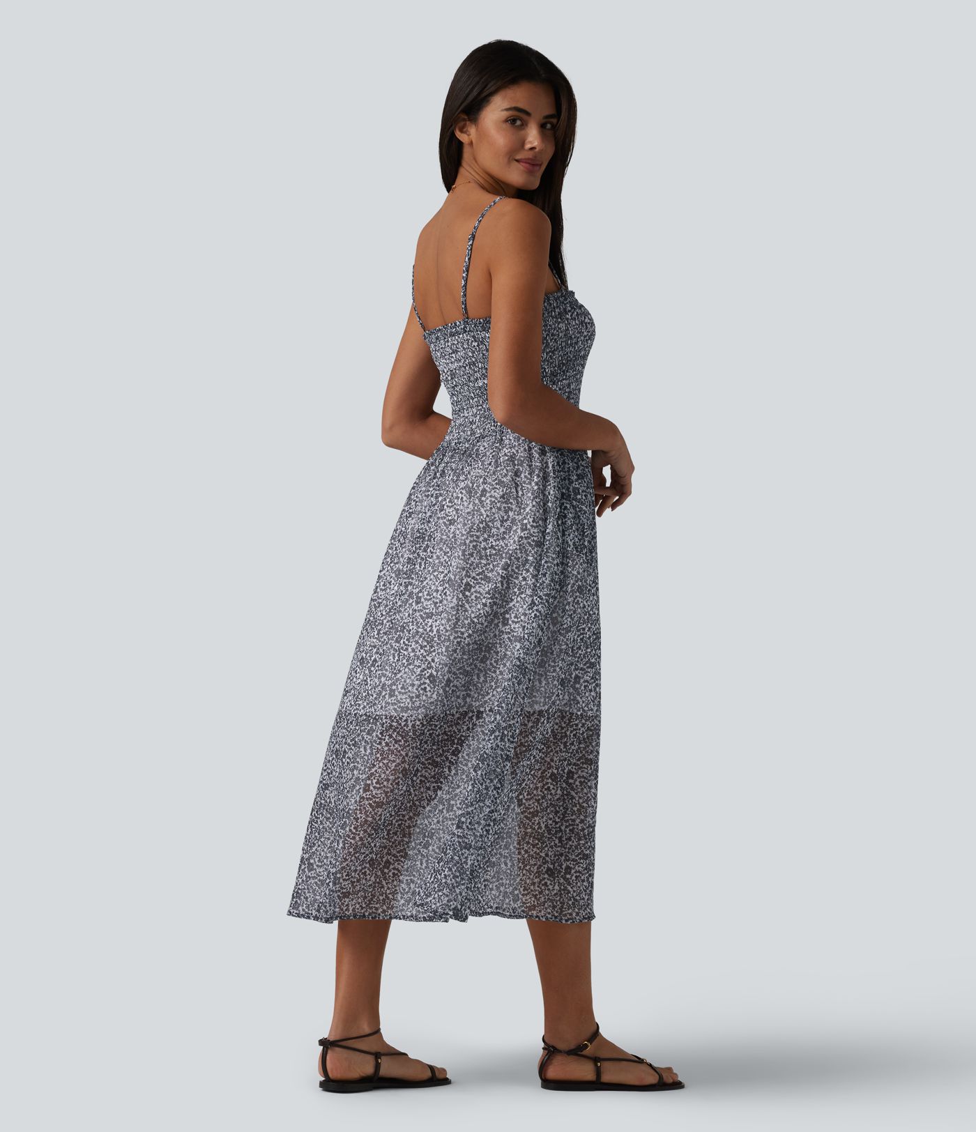 Adjustable Straps Shirred Ditsy Floral Print Chiffon Flowy Midi Casual Slip Dress with Pockets