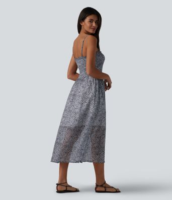 Adjustable Straps Shirred Ditsy Floral Print Chiffon Flowy Midi Casual Slip Dress with Pockets