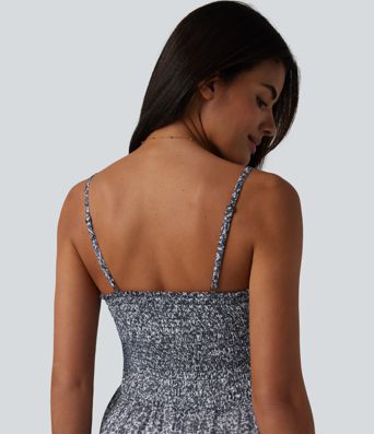 Adjustable Straps Shirred Ditsy Floral Print Chiffon Flowy Midi Casual Slip Dress with Pockets