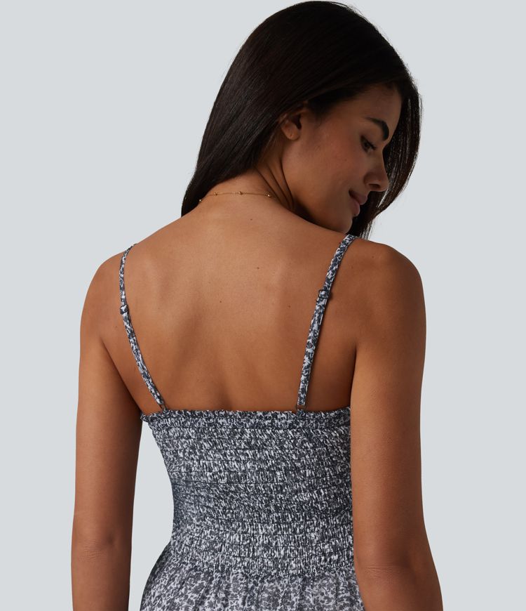 Adjustable Straps Shirred Ditsy Floral Print Chiffon Flowy Midi Casual Slip Dress with Pockets