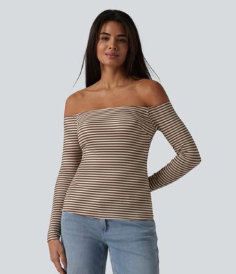 Ribbed Knit Off Shoulder Long Sleeve Built-in Bra Stripe Casual T-Shirt
