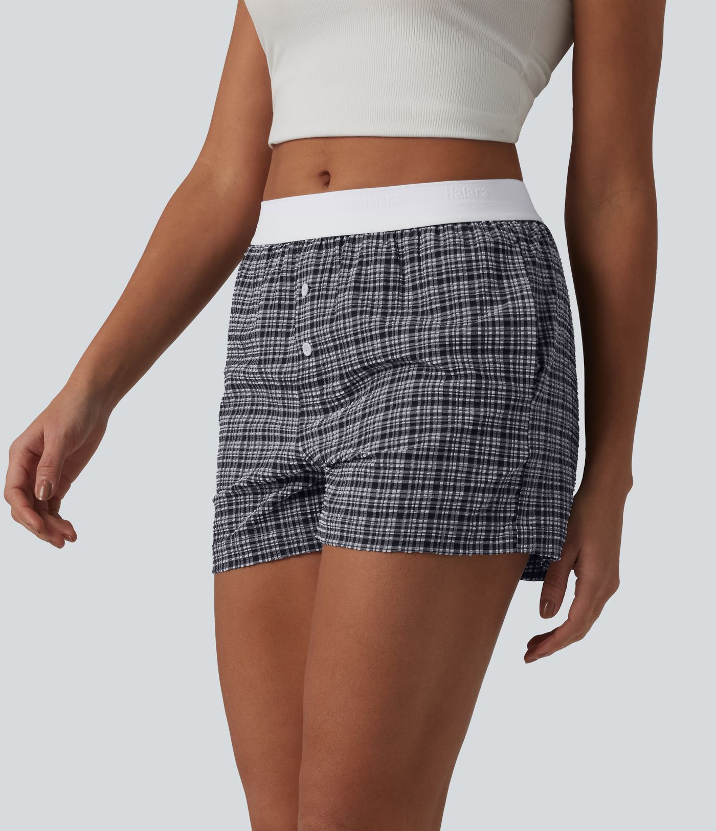 Mid Rise Color Block Plaid Crinkle Quick Dry Casual Baggy Shorts with Pockets