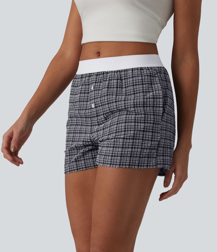 Mid Rise Color Block Plaid Crinkle Quick Dry Casual Baggy Shorts with Pockets