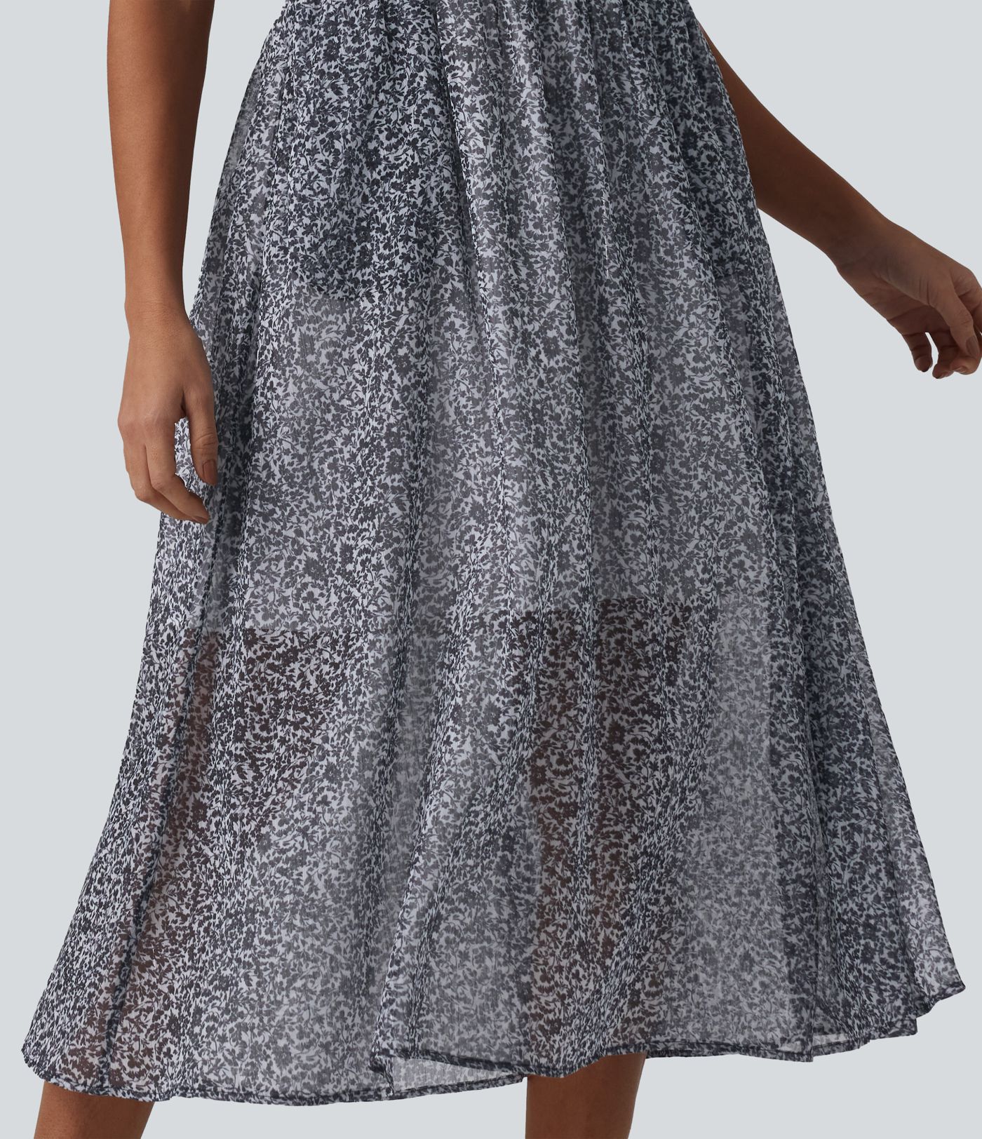 Adjustable Straps Shirred Ditsy Floral Print Chiffon Flowy Midi Casual Slip Dress with Pockets