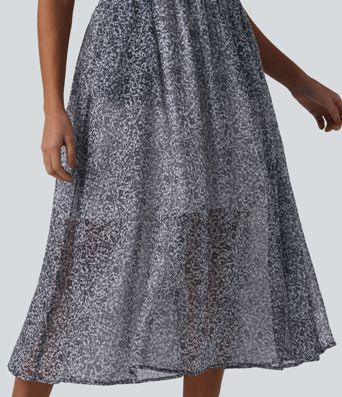 Adjustable Straps Shirred Ditsy Floral Print Chiffon Flowy Midi Casual Slip Dress with Pockets