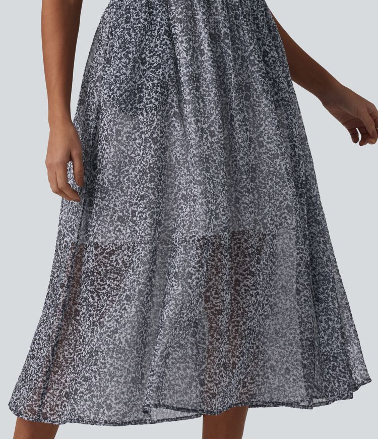 Adjustable Straps Shirred Ditsy Floral Print Chiffon Flowy Midi Casual Slip Dress with Pockets