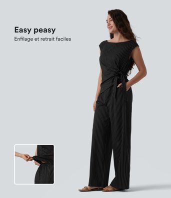 Combinaison tailleur col bateau sans manches à rayures et nœuds latéraux toucher frais avec poches - Édition Easy Peasy