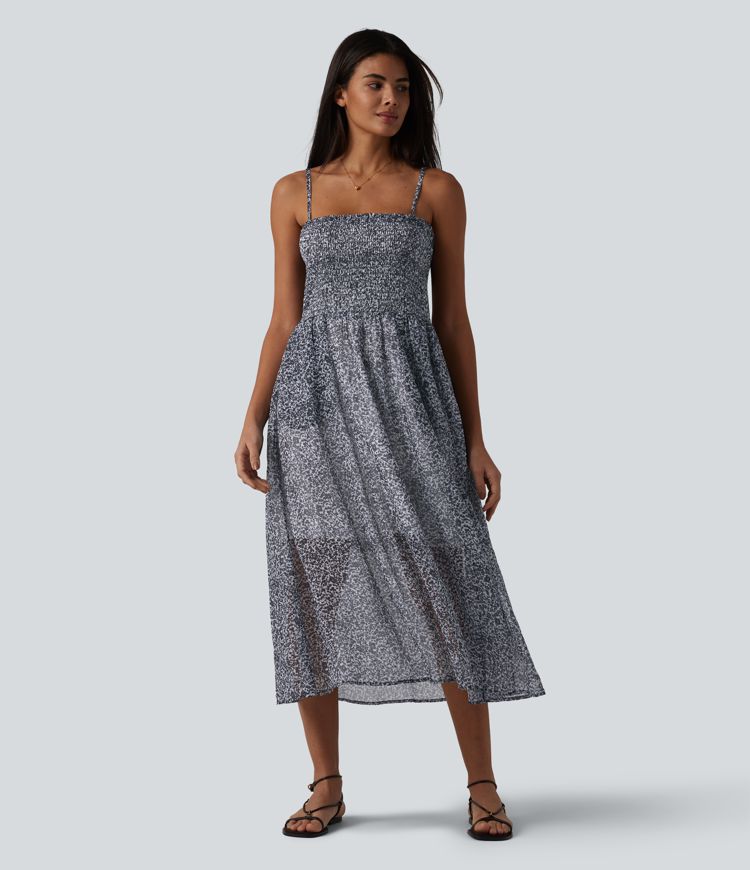 Adjustable Straps Shirred Ditsy Floral Print Chiffon Flowy Midi Casual Slip Dress with Pockets