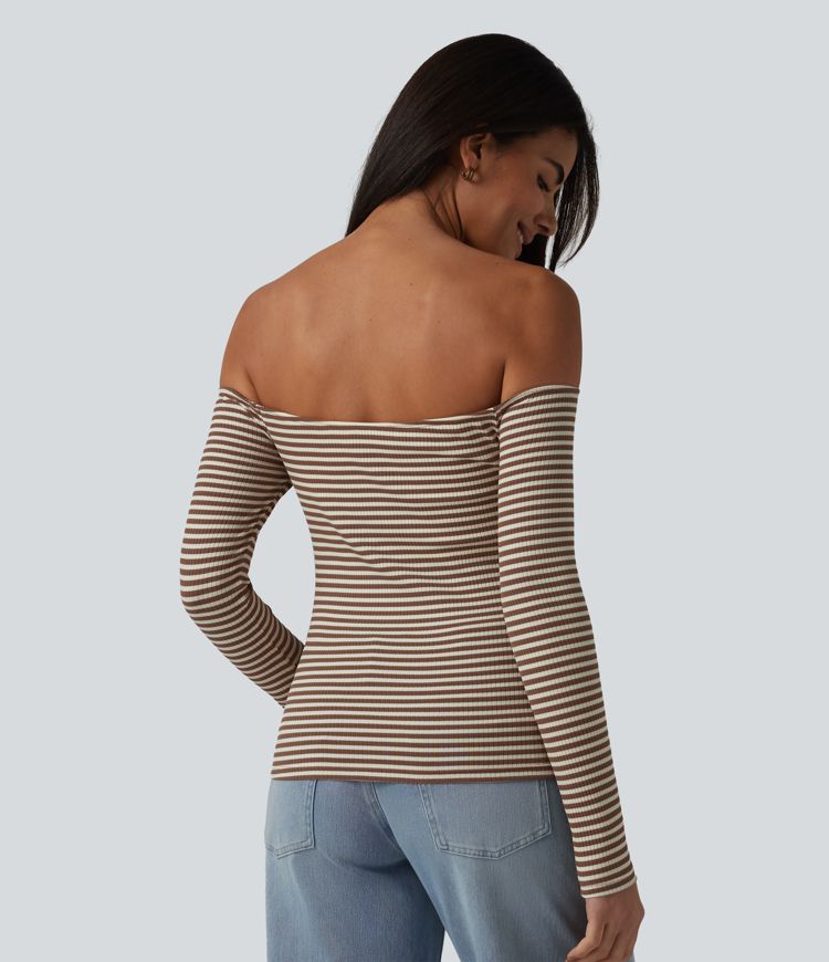 Ribbed Knit Off Shoulder Long Sleeve Built-in Bra Stripe Casual T-Shirt