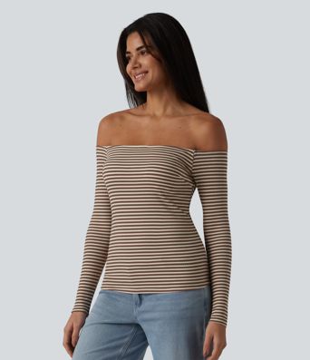 Ribbed Knit Off Shoulder Long Sleeve Built-in Bra Stripe Casual T-Shirt