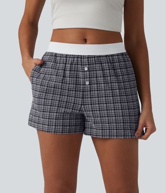 Mid Rise Color Block Plaid Crinkle Quick Dry Casual Baggy Shorts with Pockets