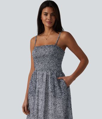 Adjustable Straps Shirred Ditsy Floral Print Chiffon Flowy Midi Casual Slip Dress with Pockets