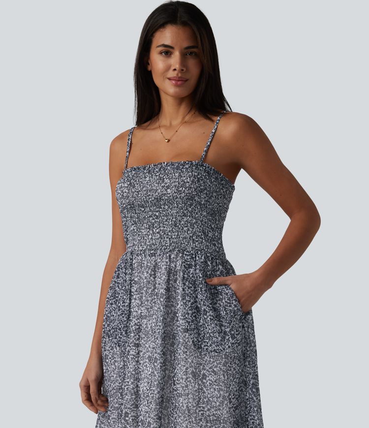 Adjustable Straps Shirred Ditsy Floral Print Chiffon Flowy Midi Casual Slip Dress with Pockets