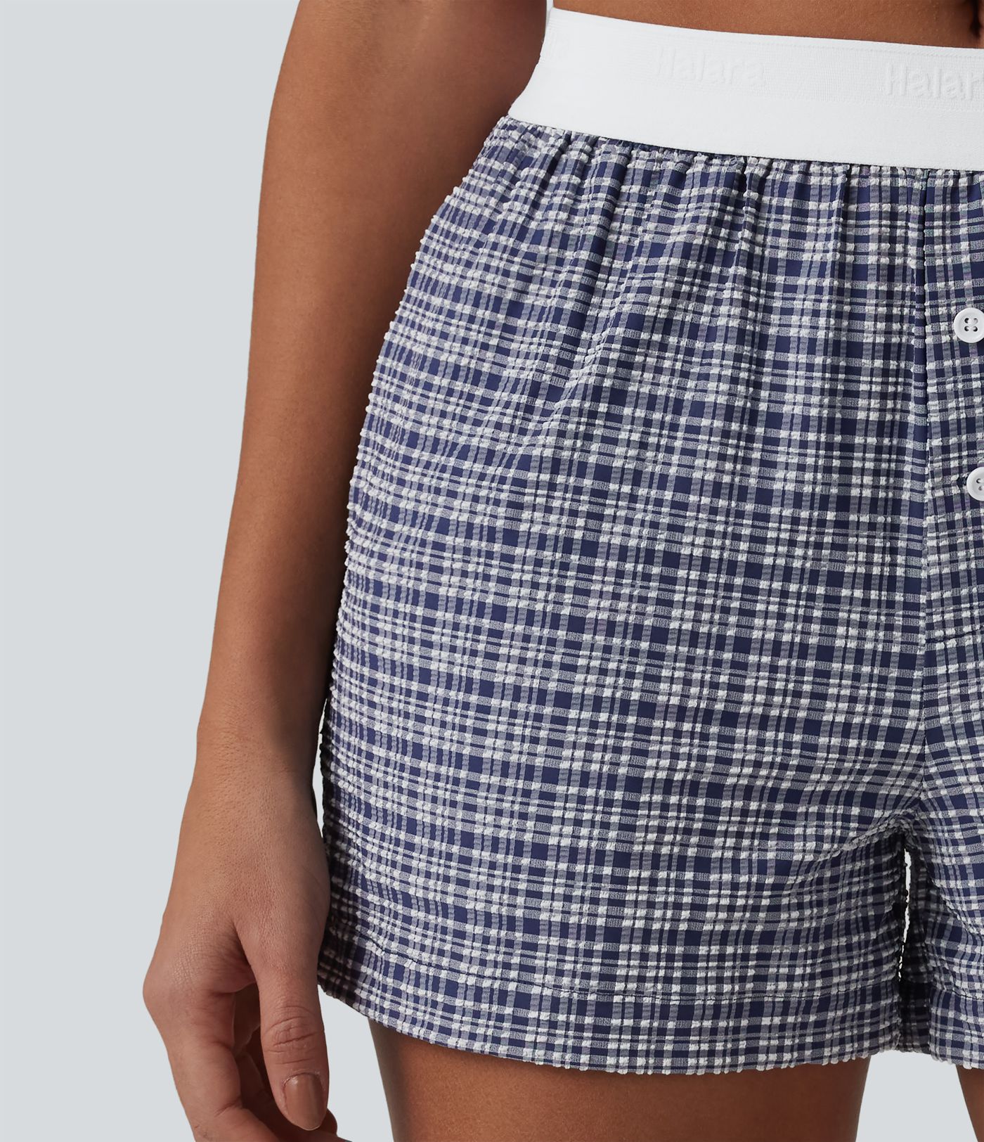 Mid Rise Color Block Plaid Crinkle Quick Dry Casual Baggy Shorts with Pockets