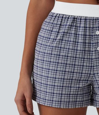 Mid Rise Color Block Plaid Crinkle Quick Dry Casual Baggy Shorts with Pockets