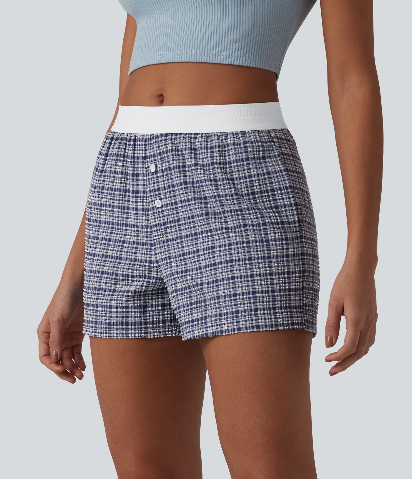 Mid Rise Color Block Plaid Crinkle Quick Dry Casual Baggy Shorts with Pockets