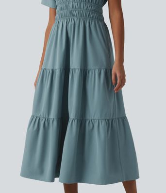 Lässiges Hemd-Midikleid aus elastischem Popeline mit Seitentasche und kurzen Ärmeln