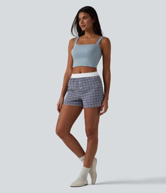 Mid Rise Color Block Plaid Crinkle Quick Dry Casual Baggy Shorts with Pockets