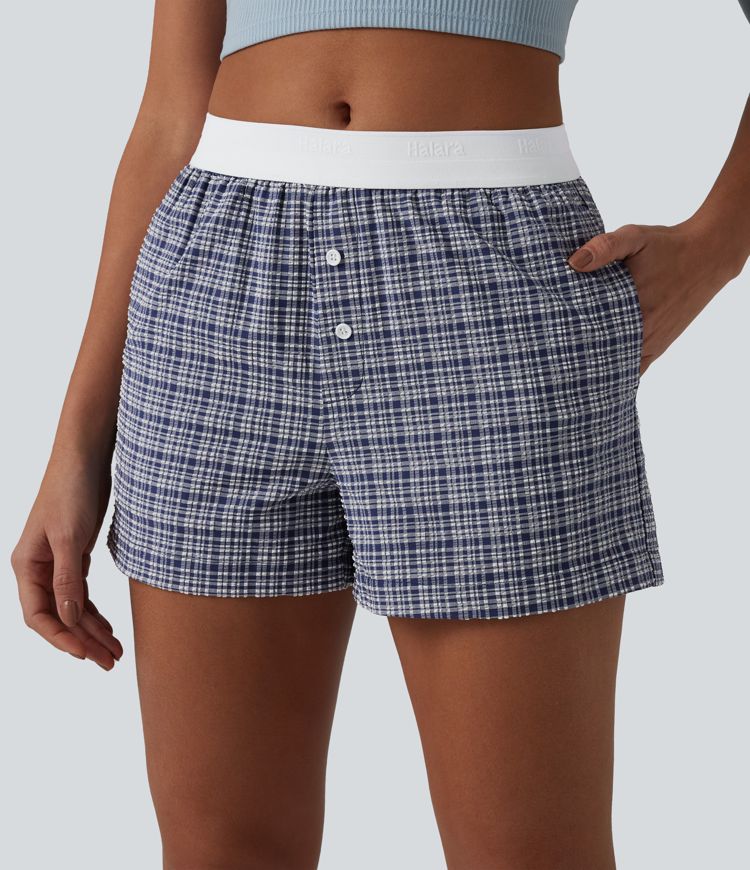 Mid Rise Color Block Plaid Crinkle Quick Dry Casual Baggy Shorts with Pockets