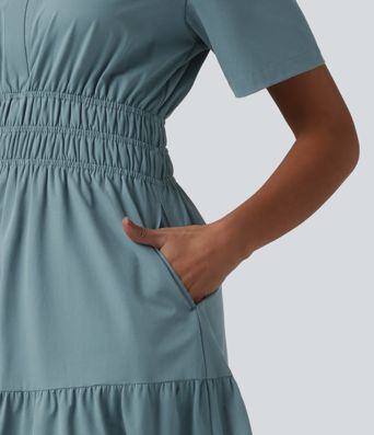 Lässiges Hemd-Midikleid aus elastischem Popeline mit Seitentasche und kurzen Ärmeln