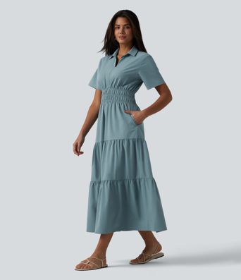 Lässiges Hemd-Midikleid aus elastischem Popeline mit Seitentasche und kurzen Ärmeln
