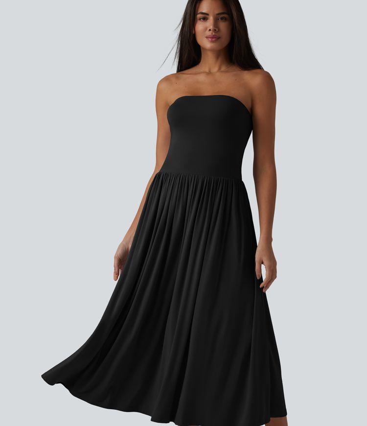 Tube Ruched Flowy Midi Casual Dress