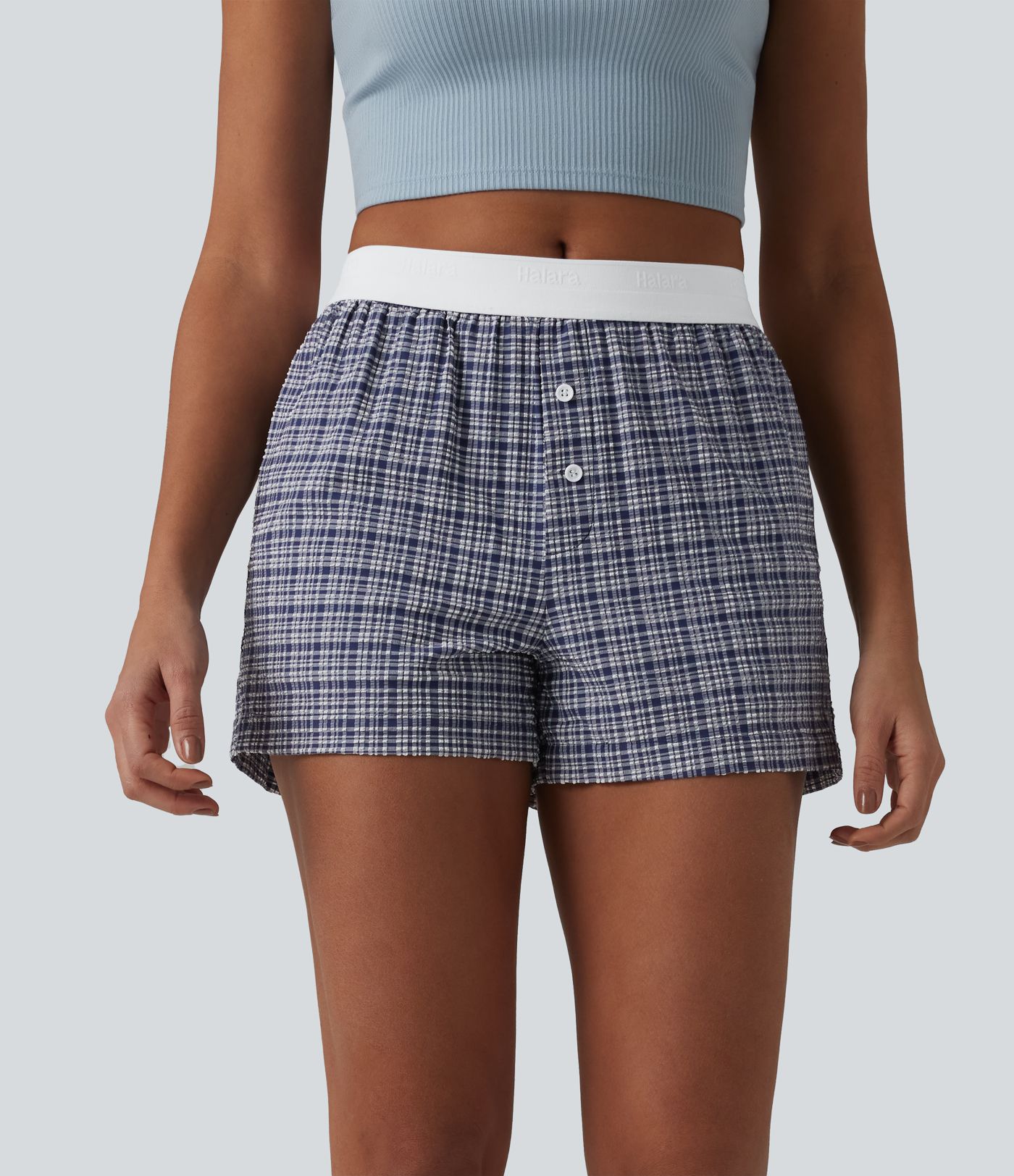 Mid Rise Color Block Plaid Crinkle Quick Dry Casual Baggy Shorts with Pockets