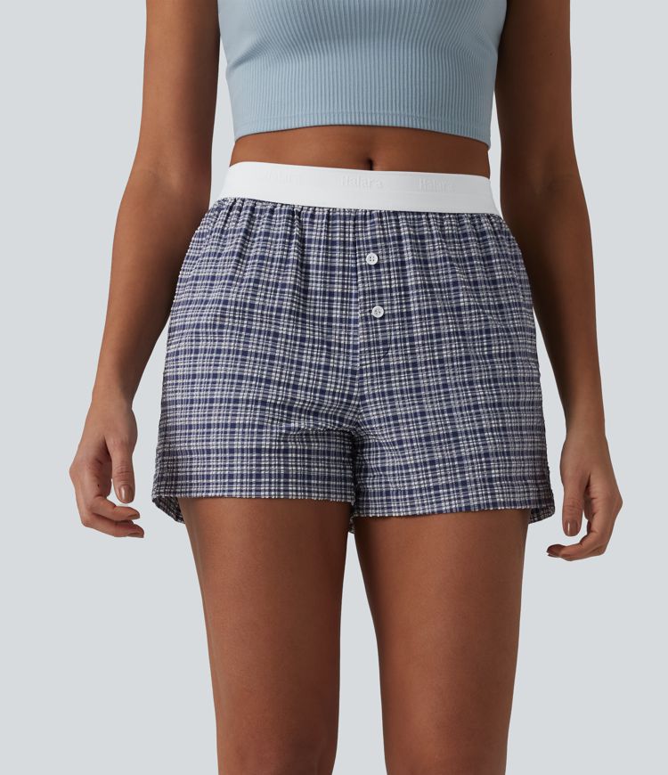 Mid Rise Color Block Plaid Crinkle Quick Dry Casual Baggy Shorts with Pockets