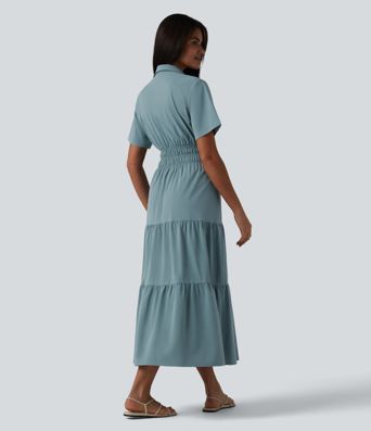 Lässiges Hemd-Midikleid aus elastischem Popeline mit Seitentasche und kurzen Ärmeln