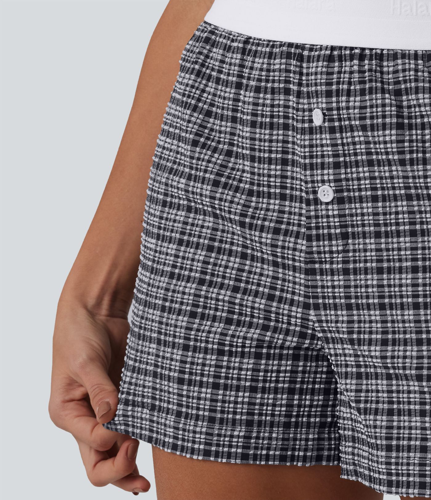 Mid Rise Color Block Plaid Crinkle Quick Dry Casual Baggy Shorts with Pockets