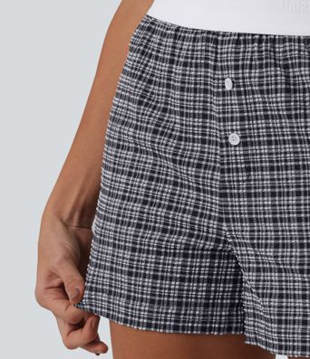 Mid Rise Color Block Plaid Crinkle Quick Dry Casual Baggy Shorts with Pockets