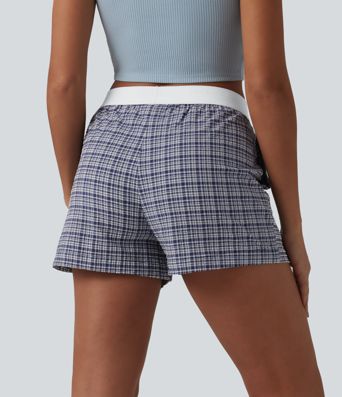 Mid Rise Color Block Plaid Crinkle Quick Dry Casual Baggy Shorts with Pockets