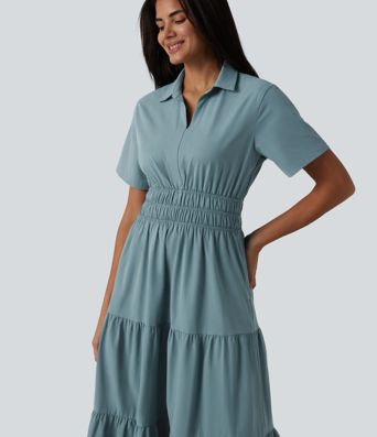 Lässiges Hemd-Midikleid aus elastischem Popeline mit Seitentasche und kurzen Ärmeln
