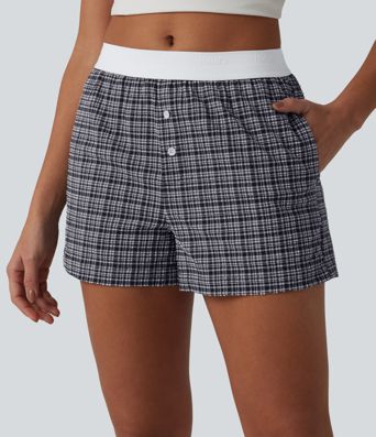 Mid Rise Color Block Plaid Crinkle Quick Dry Casual Baggy Shorts with Pockets