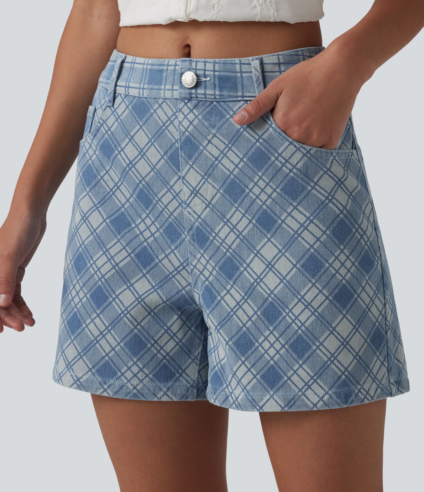 Halara Flex™ - Lässige Shorts aus Denim mit mittelhohem Bund, mehreren Taschen und Karomuster - 10,2 cm