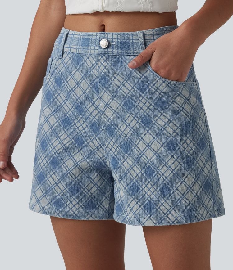 Halara Flex™ - Lässige Shorts aus Denim mit mittelhohem Bund, mehreren Taschen und Karomuster - 10,2 cm