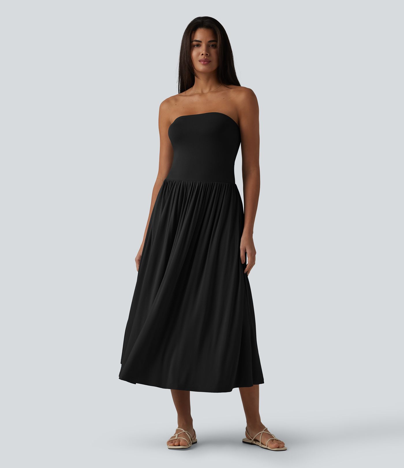 Tube Ruched Flowy Midi Casual Dress