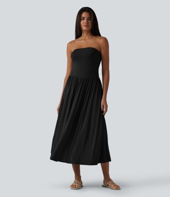 Tube Ruched Flowy Midi Casual Dress
