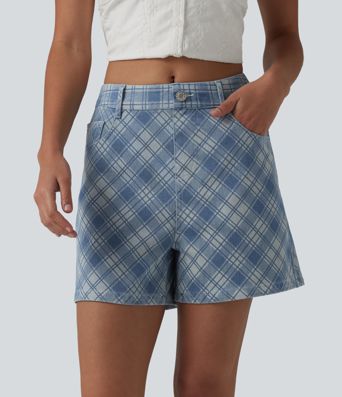 Halara Flex™ - Lässige Shorts aus Denim mit mittelhohem Bund, mehreren Taschen und Karomuster - 10,2 cm