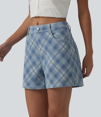 Halara Flex™ - Lässige Shorts aus Denim mit mittelhohem Bund, mehreren Taschen und Karomuster - 10,2 cm