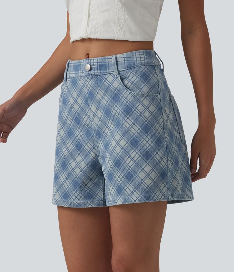 Halara Flex™ - Lässige Shorts aus Denim mit mittelhohem Bund, mehreren Taschen und Karomuster - 10,2 cm