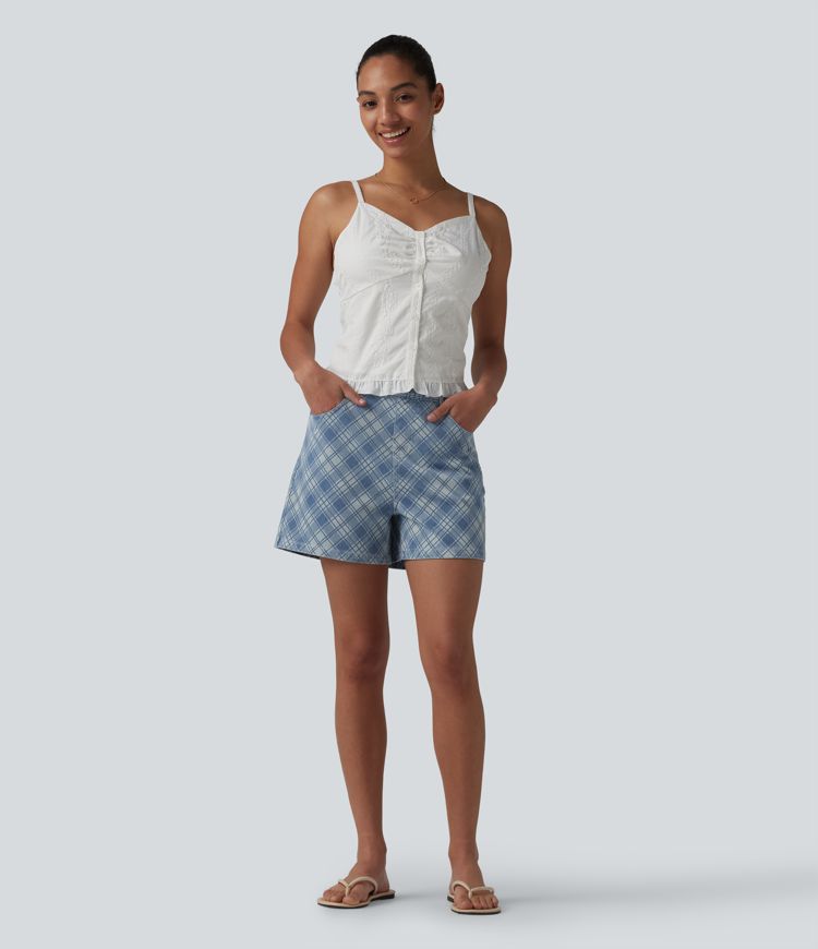 Halara Flex™ - Lässige Shorts aus Denim mit mittelhohem Bund, mehreren Taschen und Karomuster - 10,2 cm