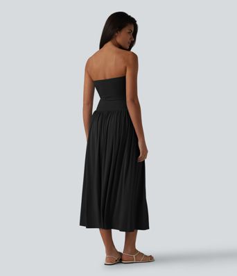 Tube Ruched Flowy Midi Casual Dress